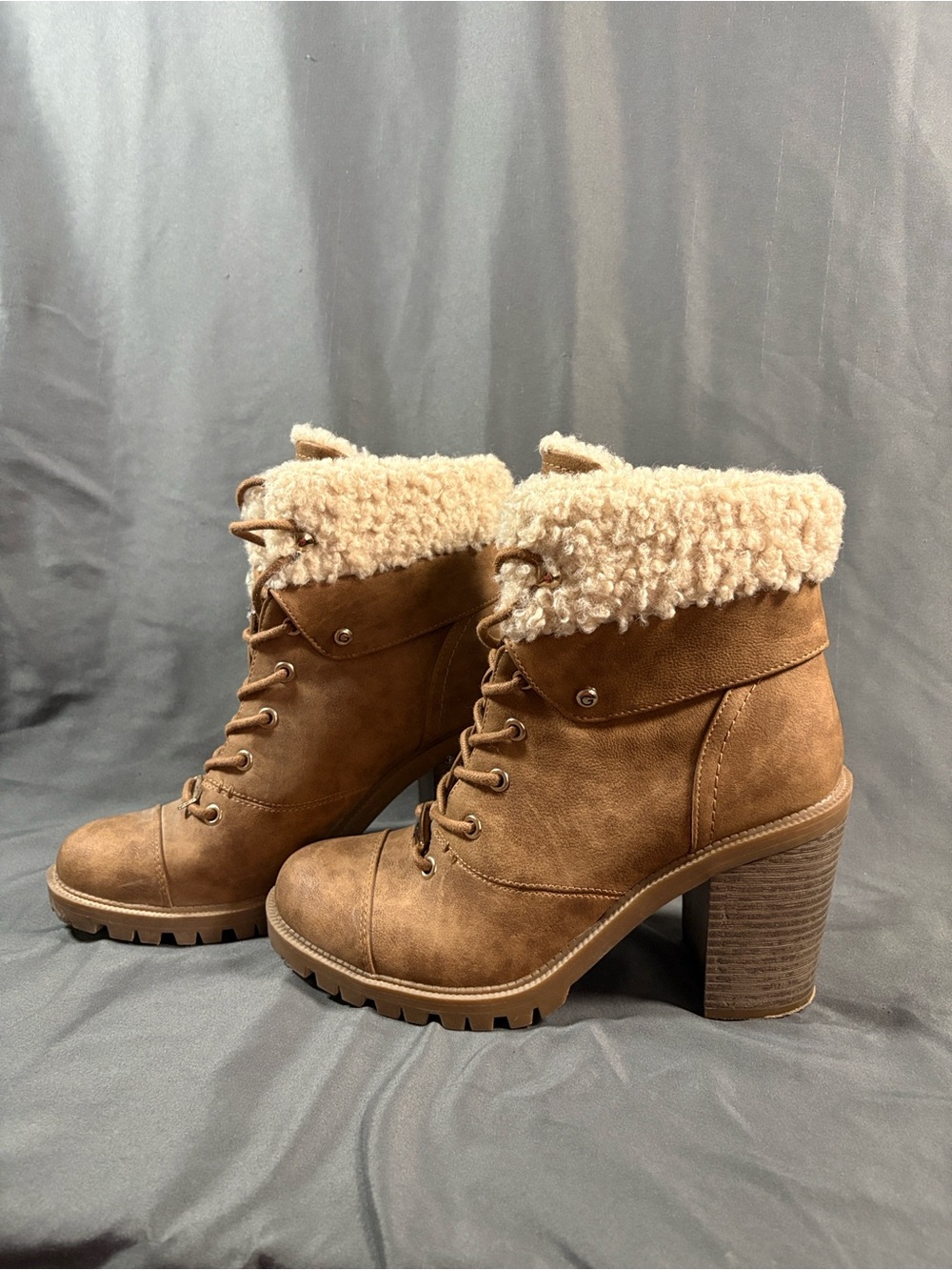 Guess Brown Faux-Suede Sherpa Lace-Up Heeled Ankle Boots